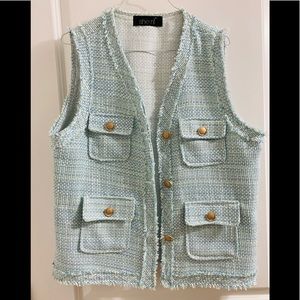 Light macaron teal color nub tweed vest